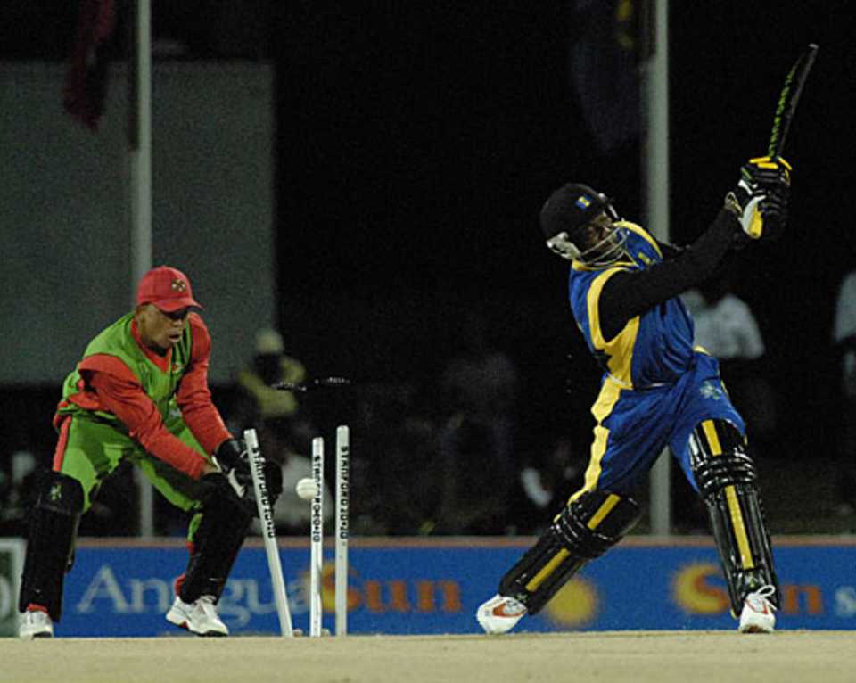 Barbados' Ahmed Proverbs is bowled by Roy Marshall, Barbados v Dominica, 9th match, Stanford 20/20, Antigua, February 5, 2008