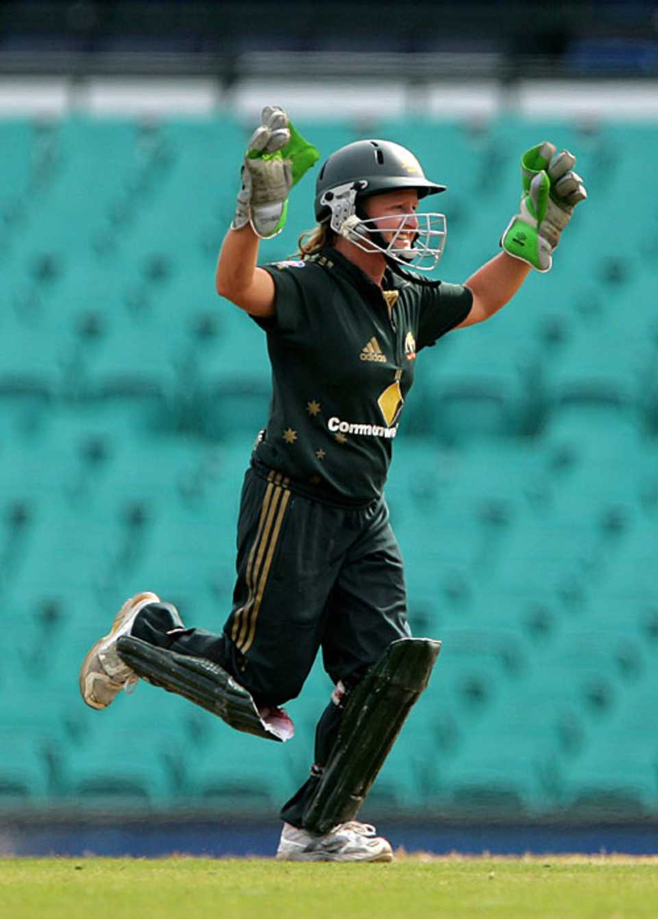 Leonie Coleman celebrates stumping Nicki Shaw for a duck