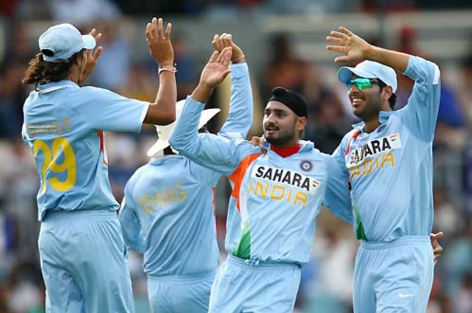 The Indians celebrate after Harbhajan Singh accounts for Kumar Sangakkara, India v Sri Lanka, CB Series, 5th ODI, Canberra, February 12, 2008 

