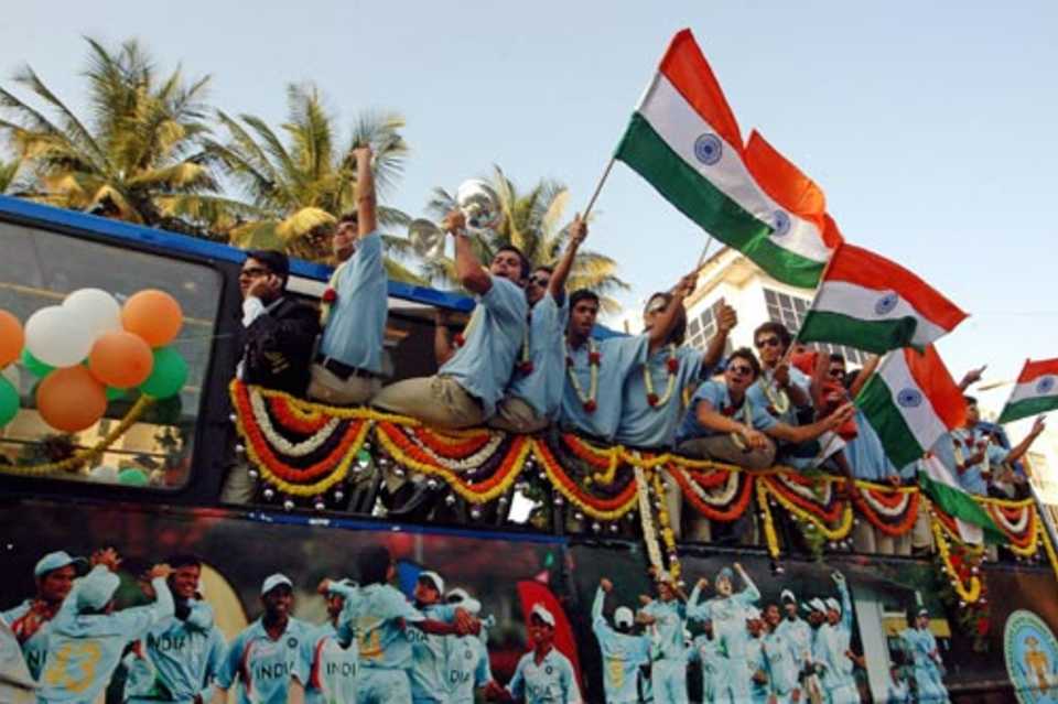 The India Under-19 team enjoy themselves during the parade to the Chinnaswamy Stadium, Bangalore, March 4, 2008