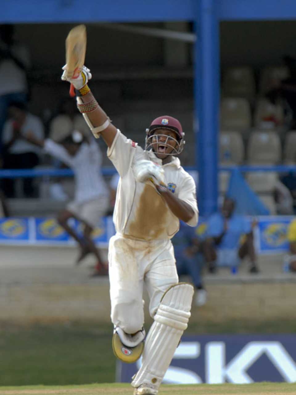 Shivnarine Chanderpaul, who remained unbeaten on 86, celebrates West Indies' win 