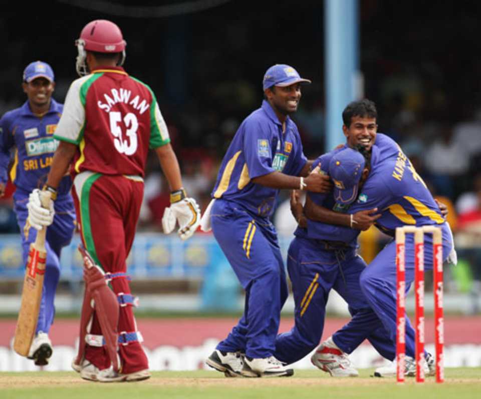 Nuwan Kulasekara is mobbed by his team-mates after dismissing Ramnaresh Sarwan, West Indies v Sri Lanka, 2nd ODI, Trinidad, April 12, 2008