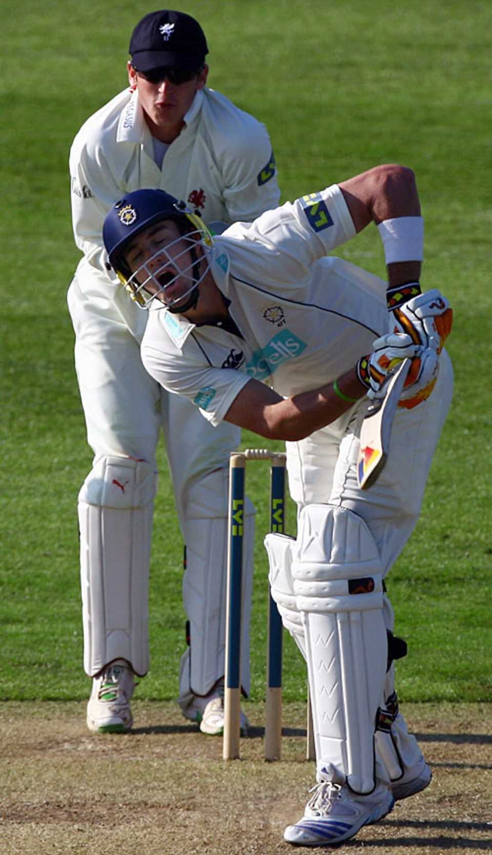 Bang on target ... Kevin Pietersen feels the pain after being struck, Somerset v Hampshire, County Championship, Taunton, May 7, 2008