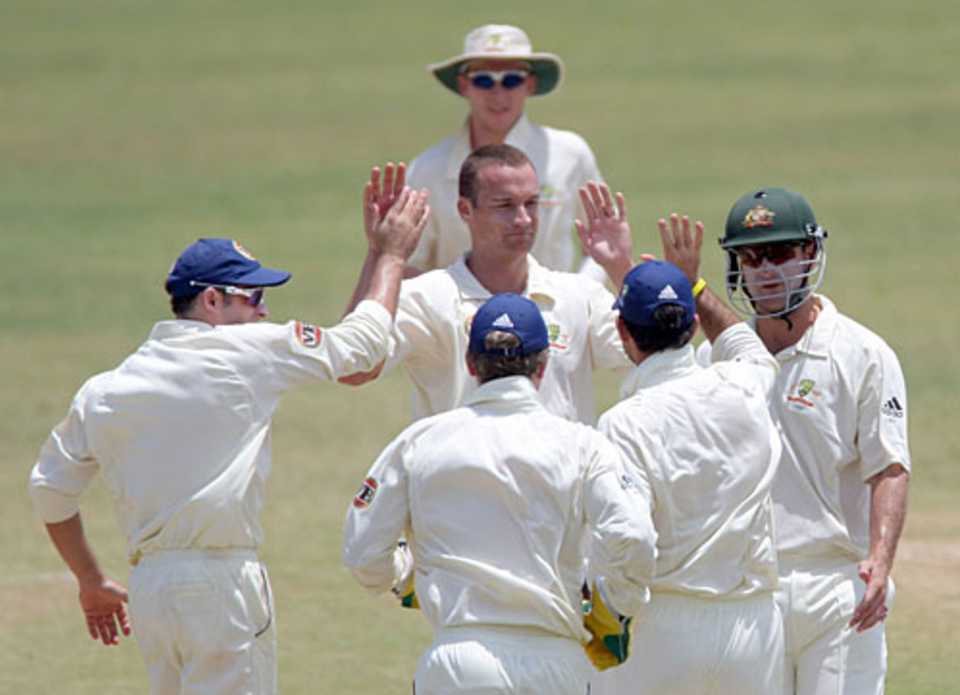 Stuart Clark is congratulated for dismissing opener Simon Jackson, Jamaica XI v Australians, Trelawny, 1st day, May 16, 2008