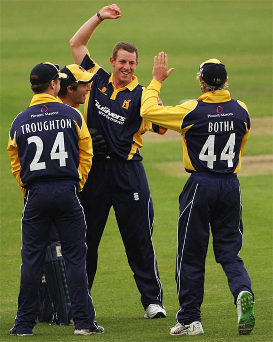 James Anyon celebrates a wicket for Warwickshire