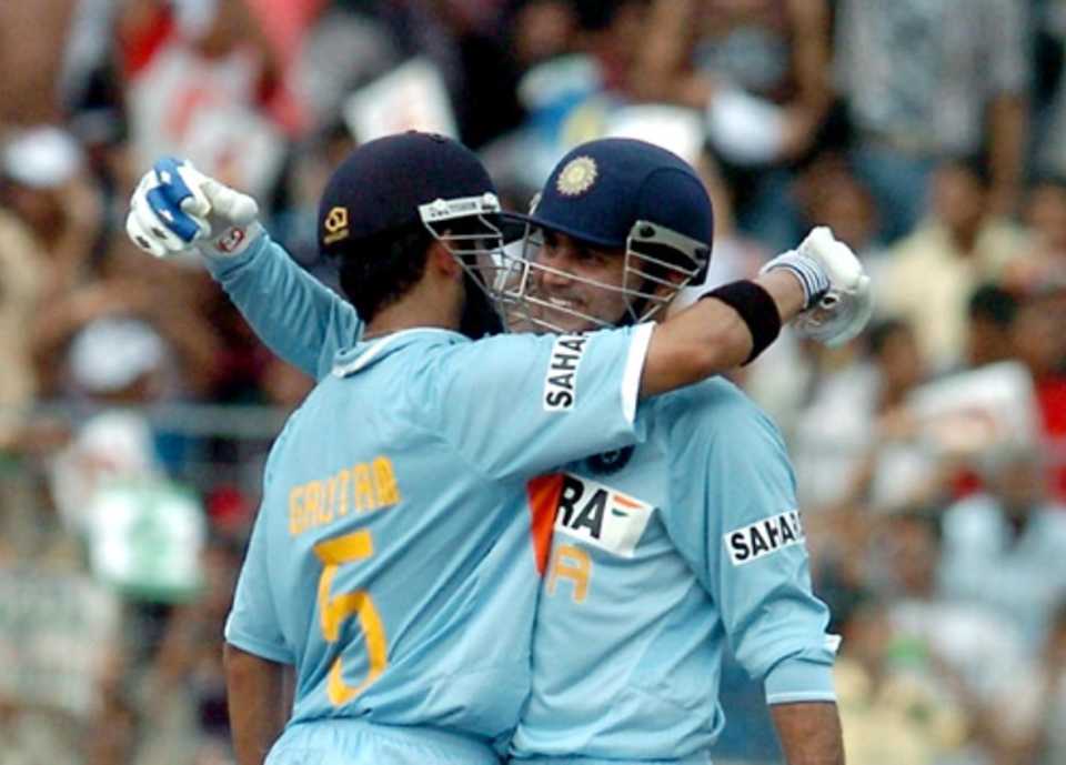 Gautam Gambhir and Virender Sehwag embrace each other, India v Pakistan, Kitply Cup, Mirpur, June 10, 2008