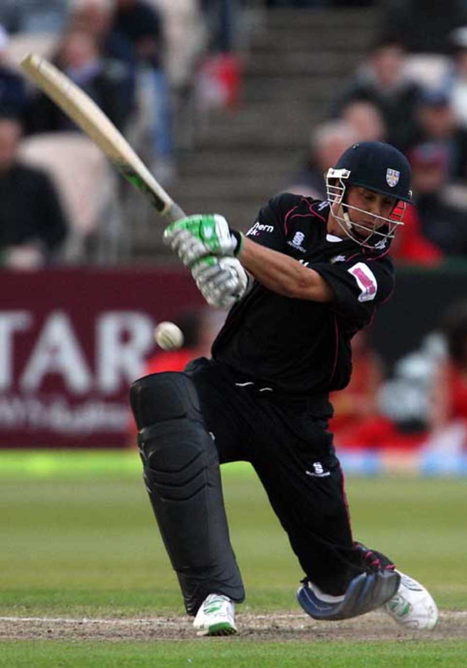Phil Mustard slashes the ball square during his 61, Lancashire v Leicestershire, Twenty20, Old Trafford, June 17, 2008