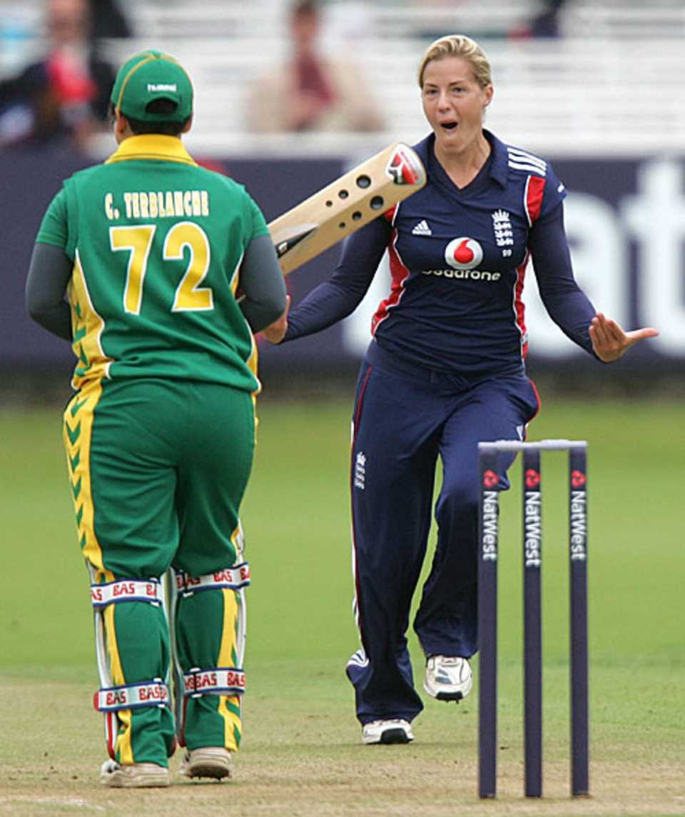 Katherine Brunt gives Claire Terblanche a send-off, England Women v South Africa Women, 2nd ODI, Lord's, August 8, 2008