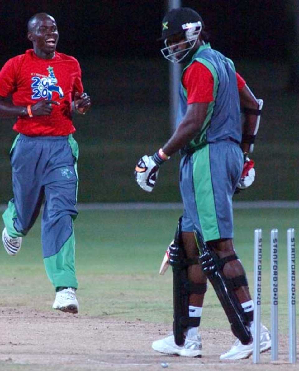 Chris Gayle is bowled by Lionel Baker during the sixth practice match at the Stanford Superstars training camp, Coolidge, Antigua, August 10, 2008