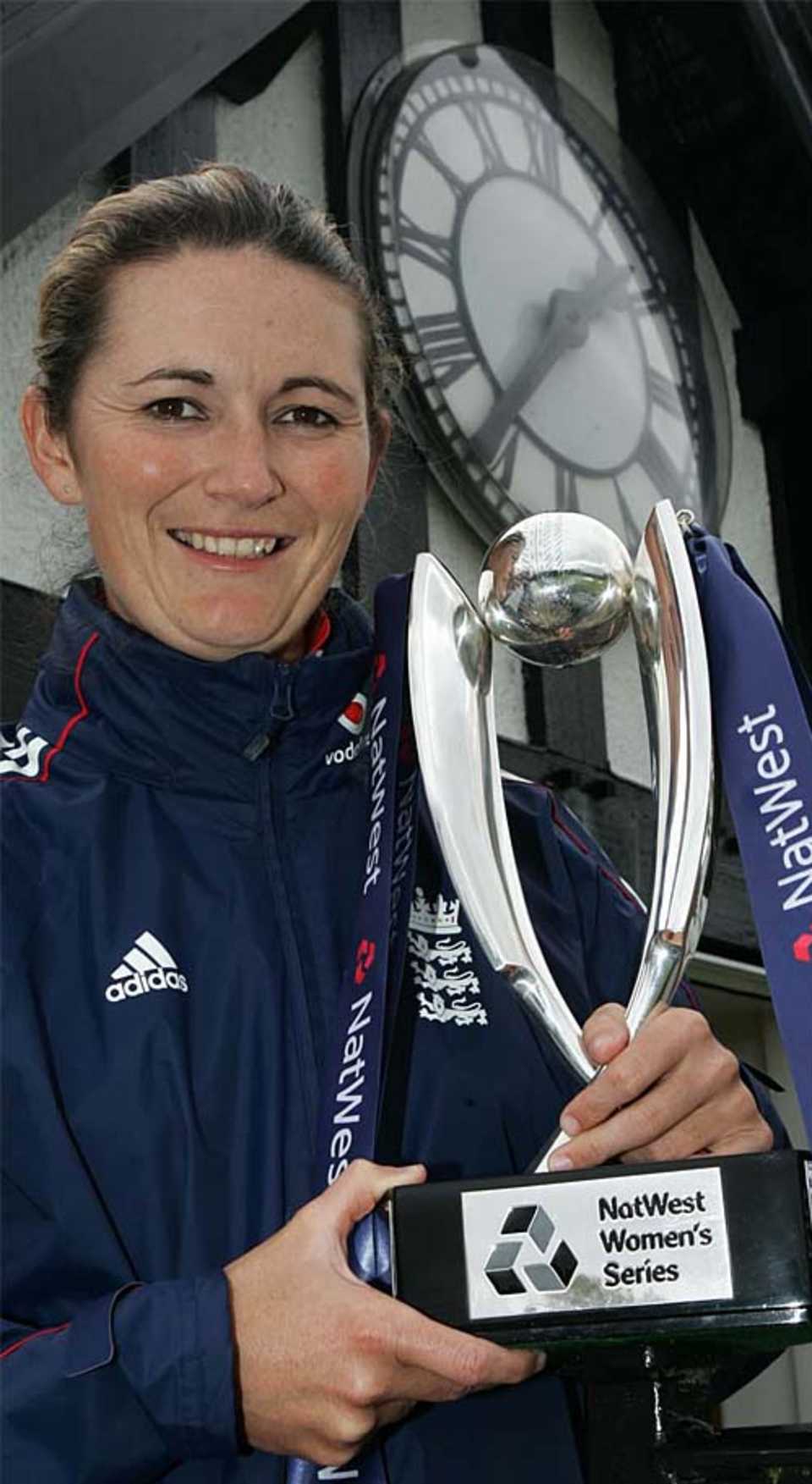 Charlotte Edwards with the series trophy, England v South Africa, women's ODI series, Chesterfield, August 18, 2008
