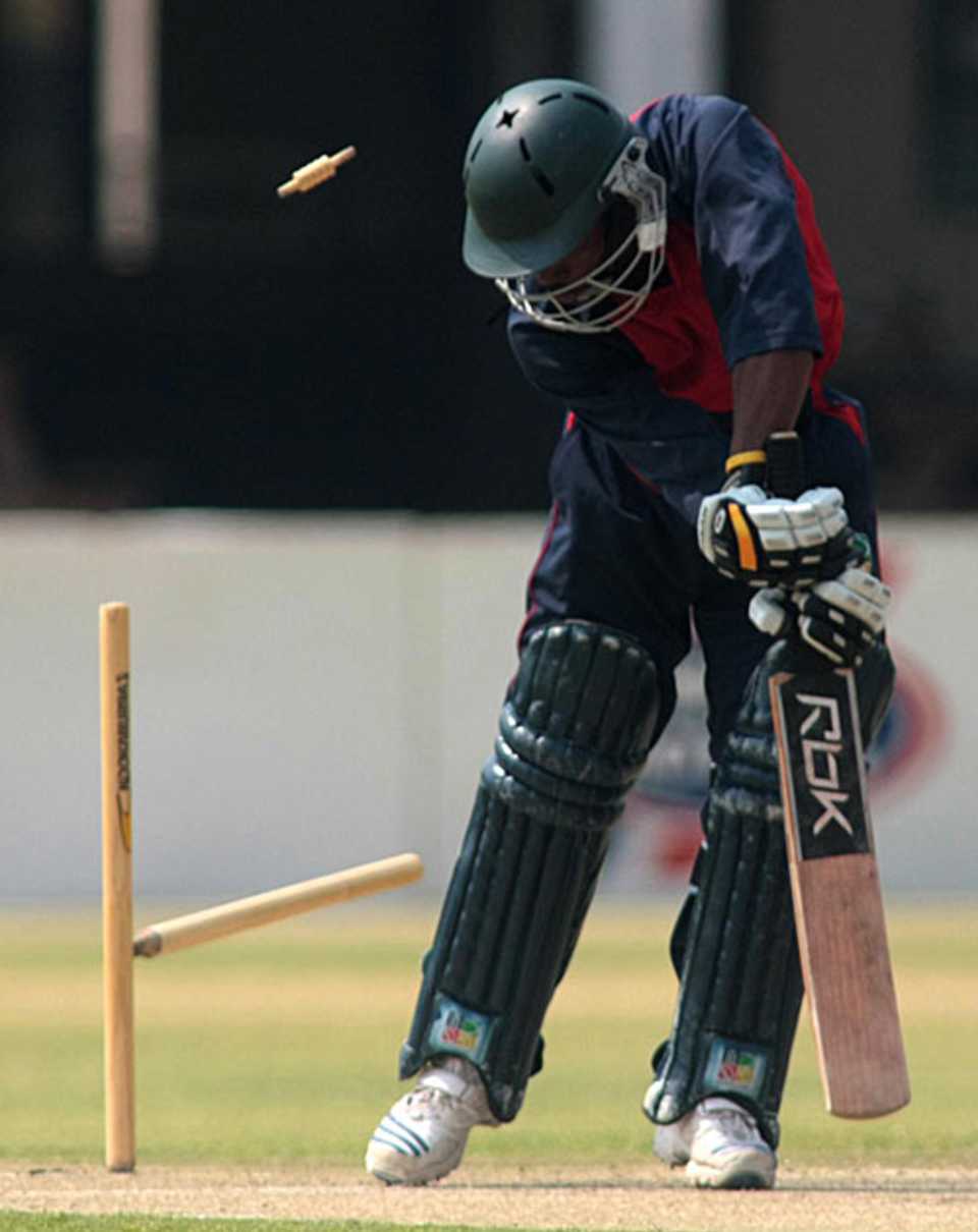 Regis Chakabva is clean-bowled for a duck, Zimbabwe Board XI v Pakistan Cricket Academy , 1st ODI, Harare, September 4, 2008