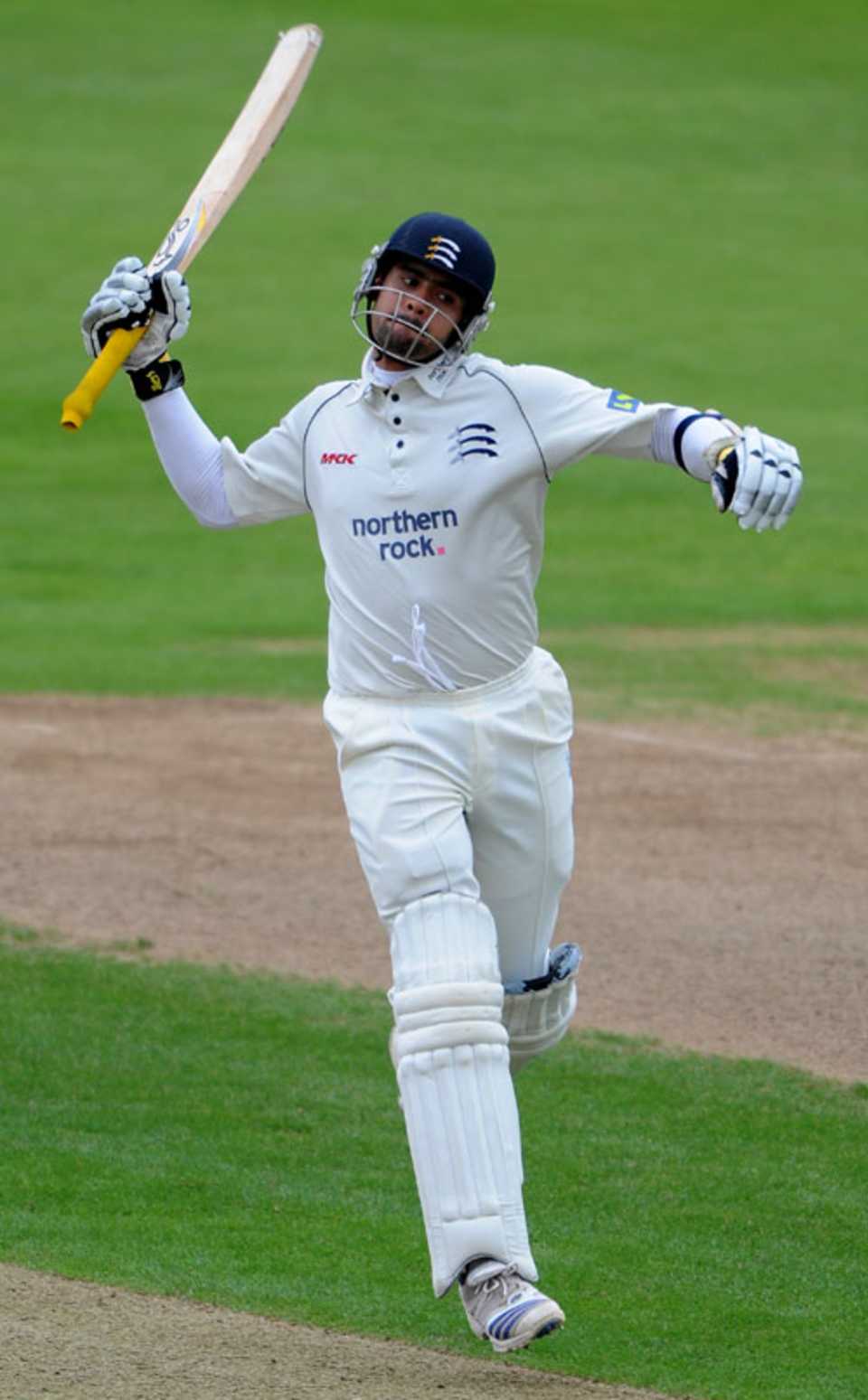 Owais Shah jumps in the air as he reaches his hundred, Northamptonshire v Middlesex, Northampton, September 25, 2008