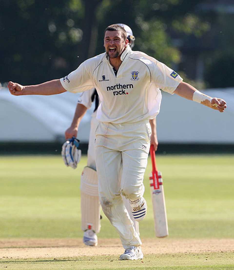 The moment of victory: Steve Harmison bowls Martin Saggers to deliver Durham their maiden County Championship title