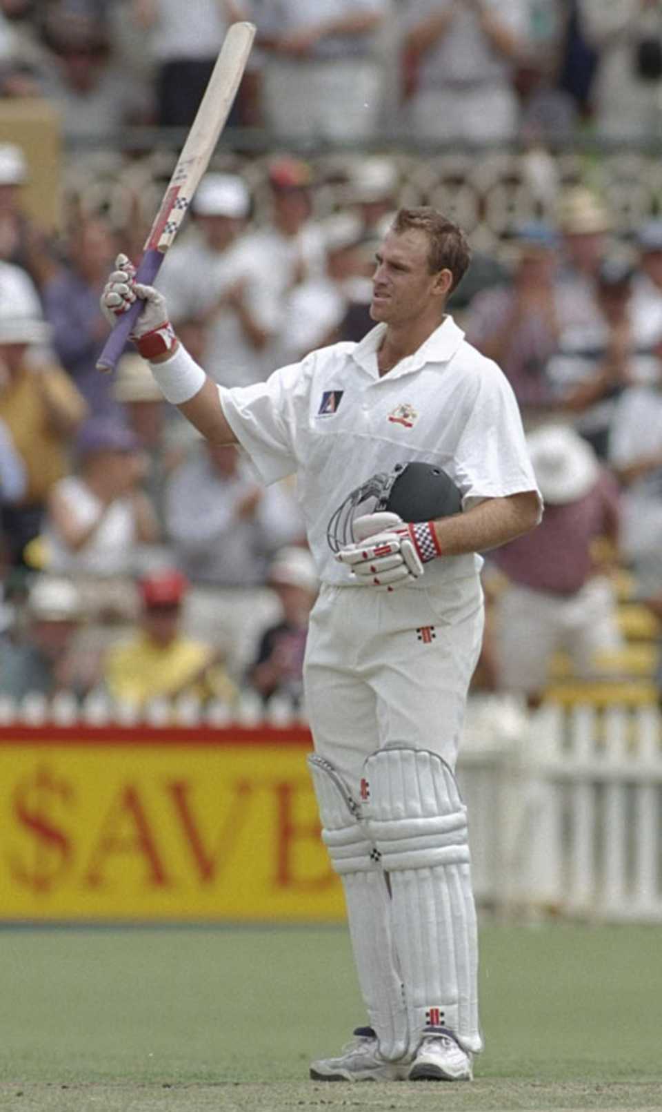 Matthew Hayden acknowledges the applause after reaching his first Test century, Australia v West Indies, 4th Test, Adelaide, 2nd day, January 26, 1997