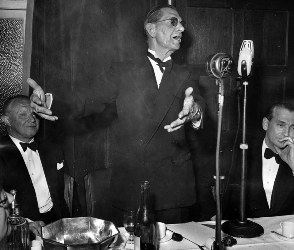 Neville Cardus makes a speech at the Cricket Writers' Club dinner for the touring West Indies side