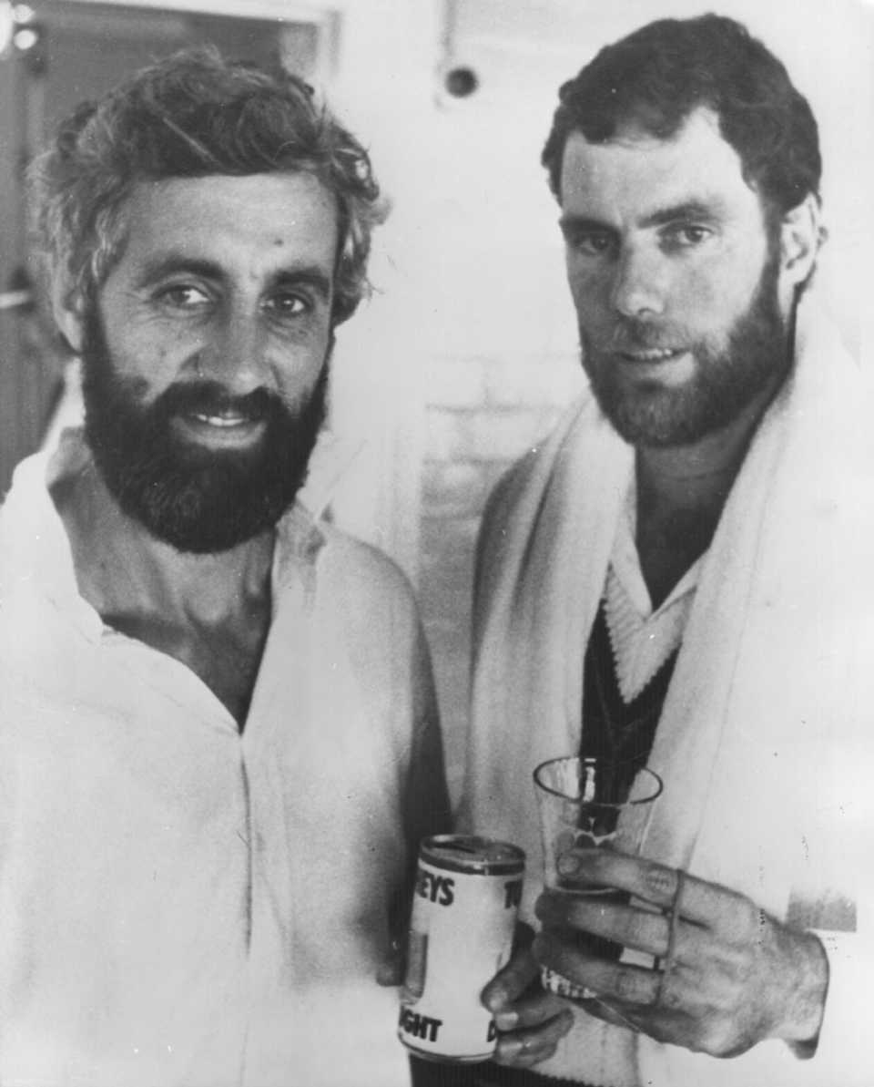 Captains Mike Brearley and Greg Chappell have beer together, Australia v England, second Test, Sydney, 8 January 1980