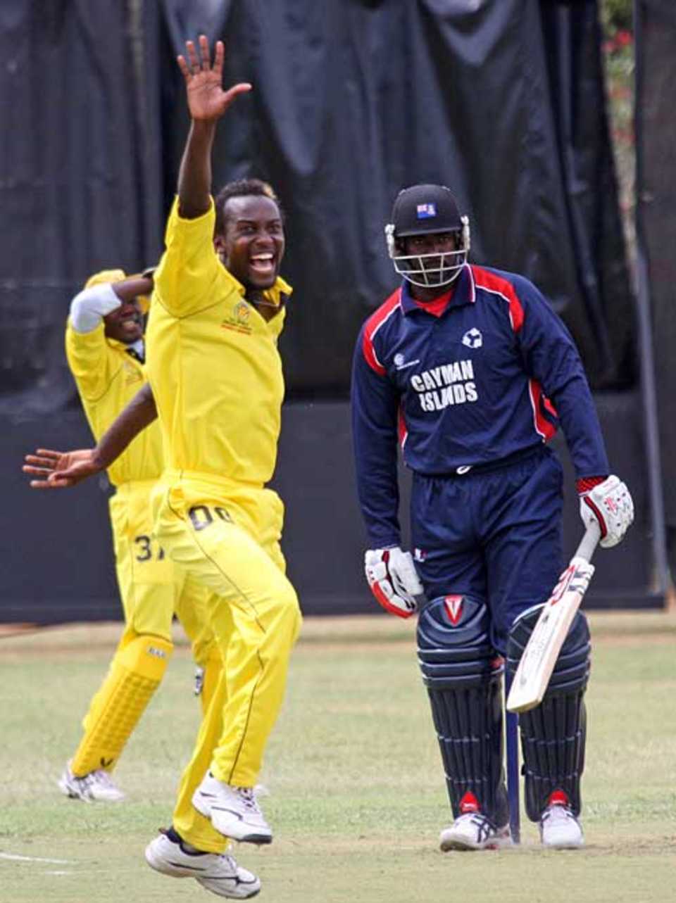 The in-form Kenneth Kamyuka puts in a strong appeal as Cayman Islands struggle, Cayman Islands v Uganda, World Cricket League, Buenos Aires, January 25, 2009