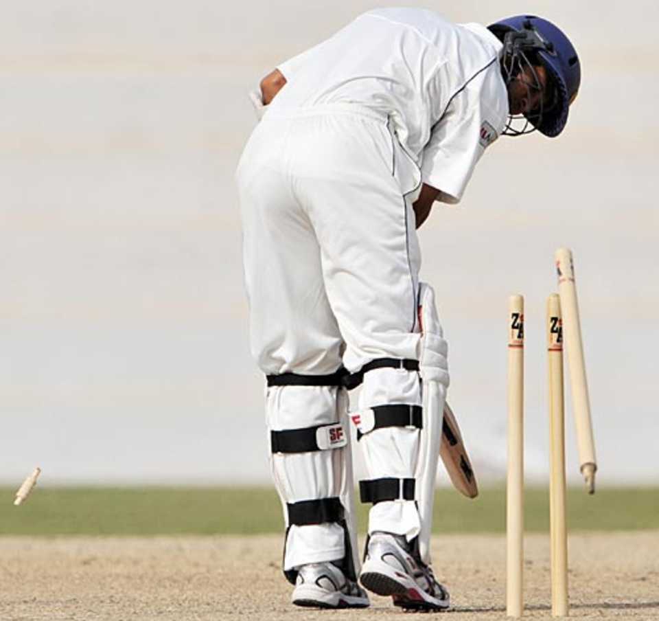Tillakaratne Dilshan is bowled, Patron's XI v Sri Lankans, 2nd day, Karachi, February 18, 2009