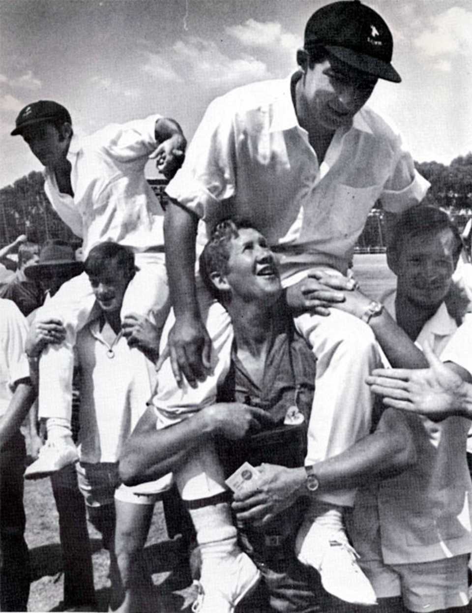 Ali Bacher is chaired from the field after the win in Johannesburg