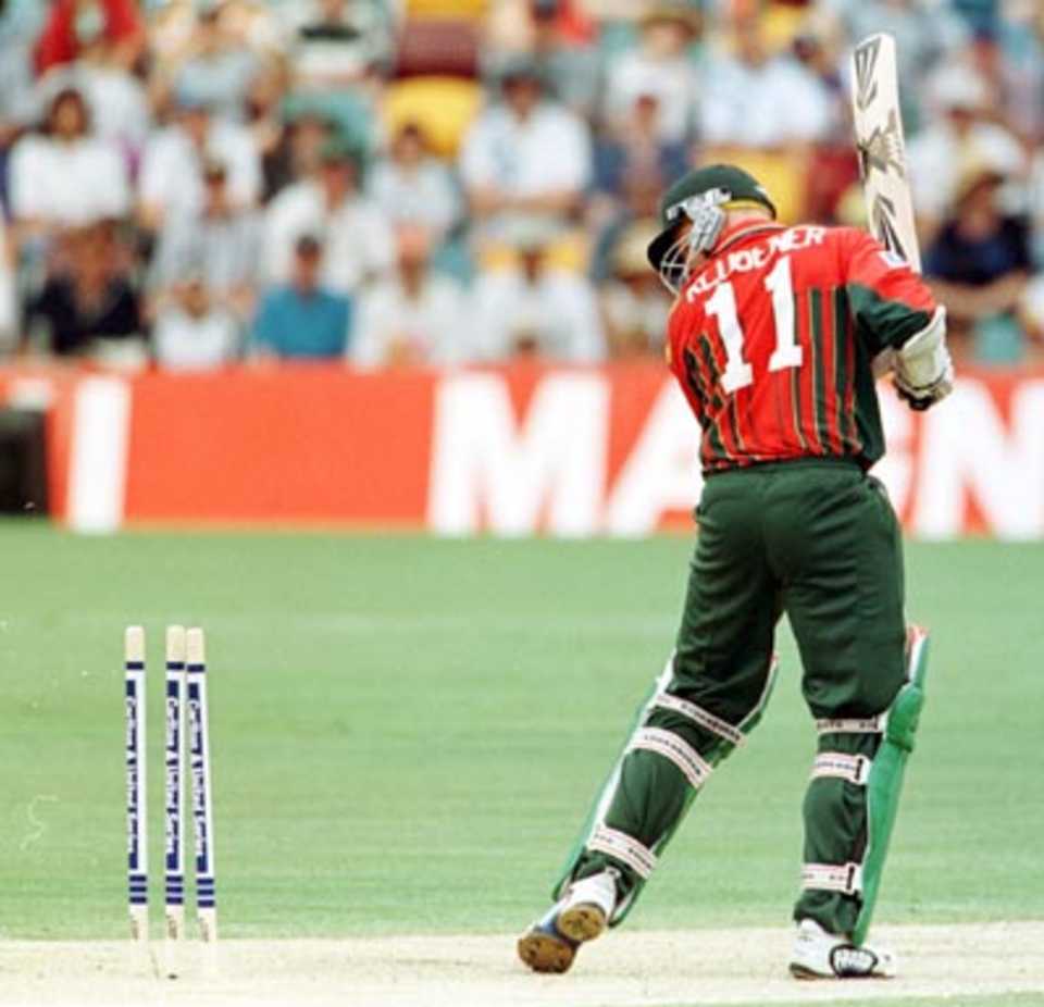 Lance Klusener wonders where his bails are after being clean bowled...South Africa v New Zealand ODI at the 'Gabba, Brisbane Friday January 9th 1998.