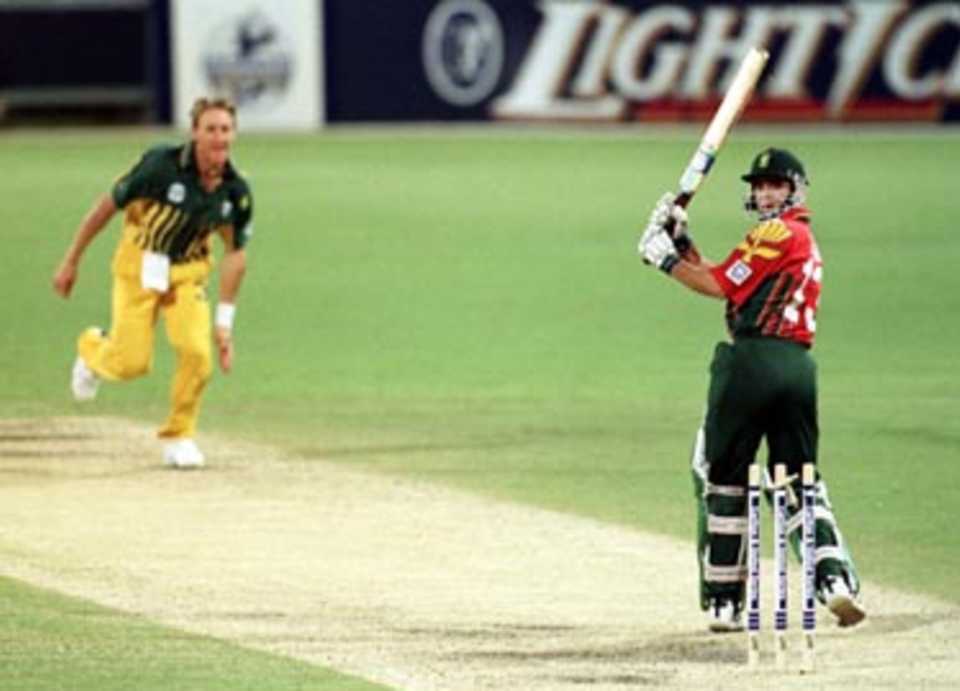 The bails drop as Herschelle Gibbs is clean bowled by Andy Bichel ...Australia v South Africa ODI at the 'Gabba, Brisbane, Sunday January 11th 1998.