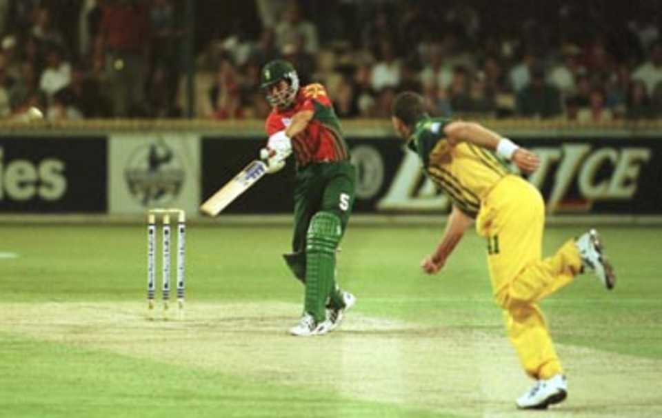 Captain Hansie Cronje hits the winning run off Paul Wilson ...Australia v South Africa d/n ODI at the WACA Ground, Perth, Sunday January 18th 1998.