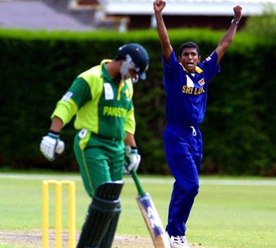 Sri Lanka Under-19 bowler Dammika Prasad celebrates a dismissal during his spell of 4-30 from 8.3 overs. ICC Under-19 World Cup Super League Group 1: Pakistan Under-19s v Sri Lanka Under-19s at Lincoln No. 3, Lincoln, 27 January 2002.