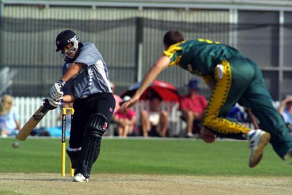 New Zealand Under-19 batsman Ross Taylor drives a delivery from South Africa Under-19 bowler Ryan McLaren during his innings of one. ICC Under-19 World Cup Super League Group 2: New Zealand Under-19s v South Africa Under-19s at Lincoln Green, Lincoln, 30 January 2002.