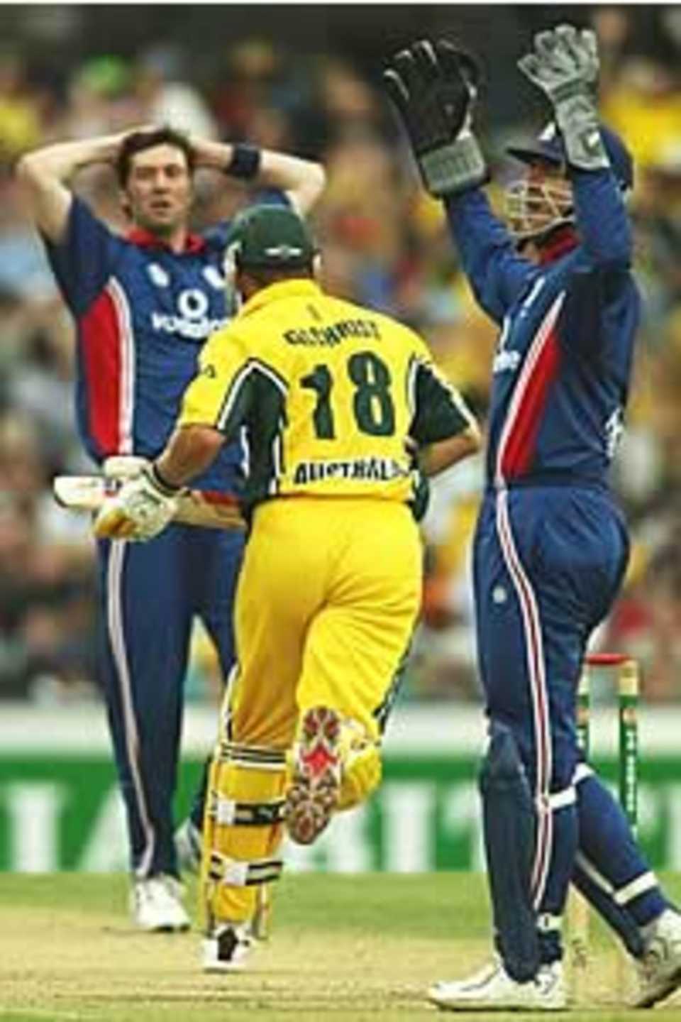 Irani and Stewart show their exasperation as Gilchrist runs, Australia v England, VB Series, 2002/03