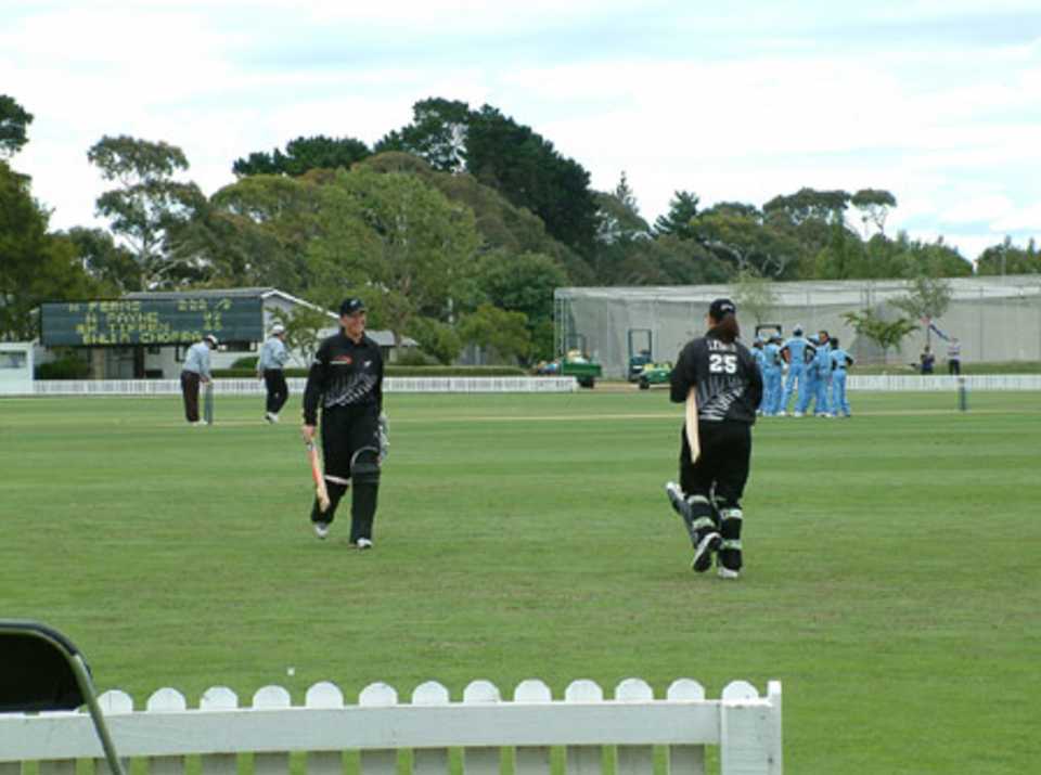 Payne walks from the field after being dismissed. World Series of Women's Cricket: India Women v New Zealand Women at Lincoln, 28 Jan 2003