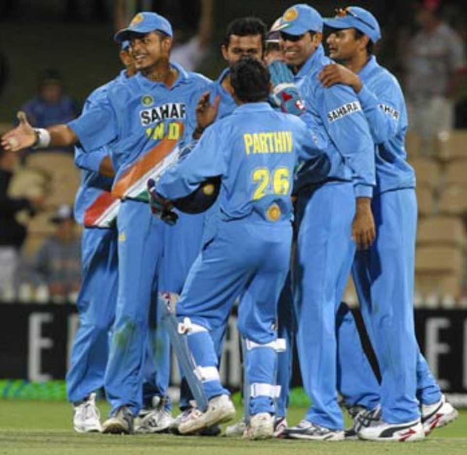 India celebrate after pulling off yet another close win against Zimbabwe, India v Zimbabwe, VB Series, 8th ODI, Adelaide, January 24, 2004