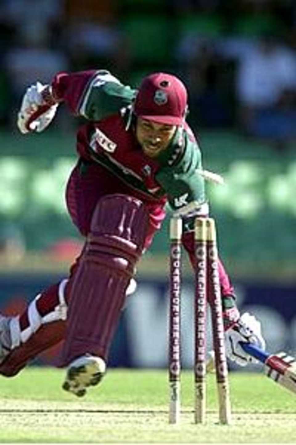 2 Feb 2001: West Indies captain Jimmy Adams is run out for eight against Zimbabwe during the Carlton Series One Day International between West Indies and Zimbabwe at the WACA Cricket Ground in Perth, Australia.