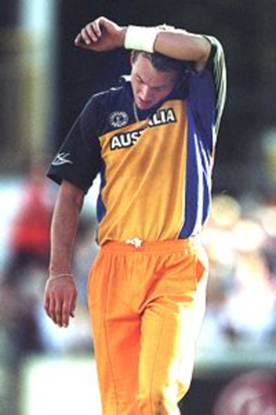 4 Feb 2001: Brett Lee of Australia feels the pressure against Zimbabwe during the Carlton Series One Day International between Australia and Zimbabwe at the WACA Cricket Ground in Perth, Australia. Australia won the game by one run.