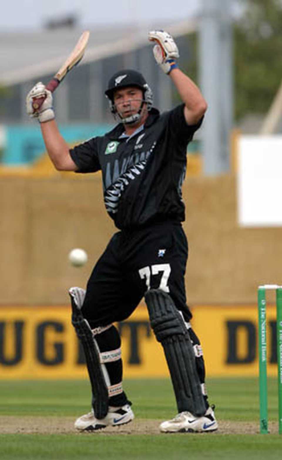 New Zealand batsman Roger Twose gets off the mark after 15 balls in awkward fashion, after failing to raise his bat out of the line of a ball from Pakistan opening bowler Wasim Akram in time, deflecting it down to third man. Twose went on to score 42. 4th One-Day International: New Zealand v Pakistan at Jade Stadium, Christchurch, 25 February 2001.