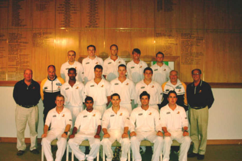 The victorious Wellington team with the Shell Trophy, winning the 2000/01 competition. They clinched their first title in 11 seasons after gaining first innings points against the only remaining challenger Northern Districts. Shell Trophy: Wellington v Northern Districts at Basin Reserve, Wellington, 23-26 February 2001.