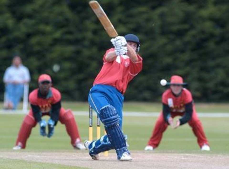 Greeff hits a delivery down the ground. 1st ICC Under-19 World Cup Plate Championship Semi Final: Namibia Under-19s v Zimbabwe Under-19s at Lincoln, 4 Feb 2002
