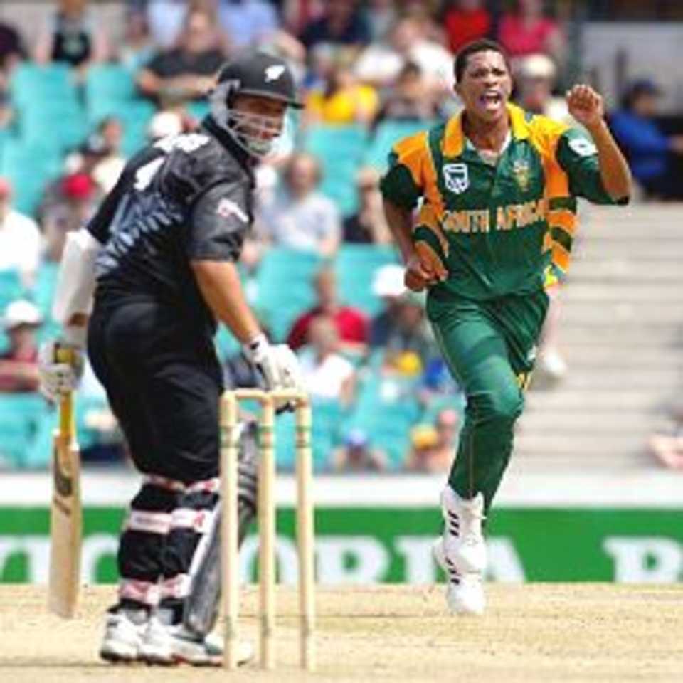 8 Feb 2002: Makhaya Ntini of South Africa celebrates after taking the wicket of Andre Adams of New Zealand, during the VB Series Second Final between South Africa and New Zealand played at the Sydney Cricket Ground, Sydney, Australia.