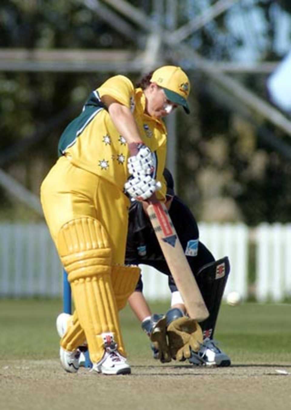 Australia Women batsman Karen Rolton drives a delivery through the off side during her innings of 90. 2nd WODI: New Zealand Women v Australia Women at Bert Sutcliffe Oval, Lincoln, 3 March 2002.