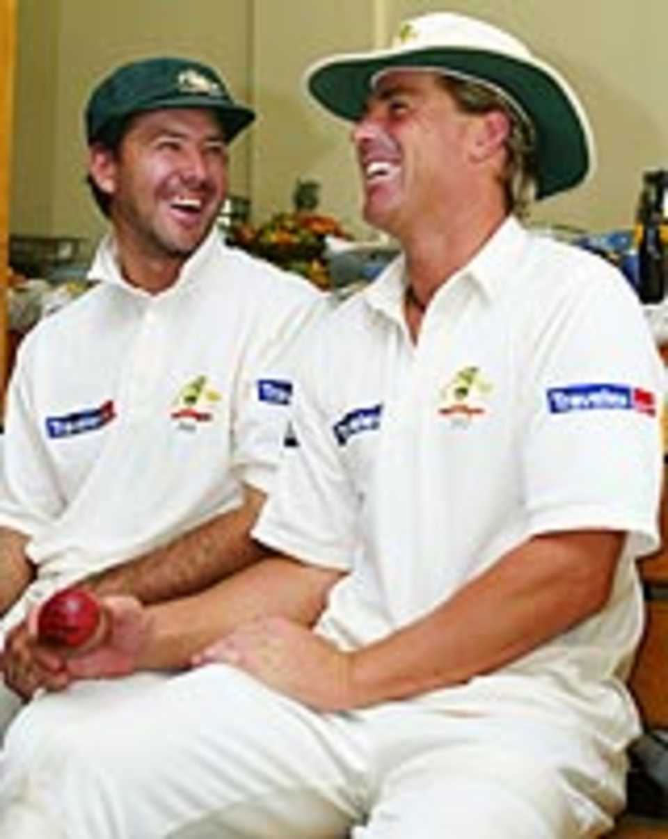 Shane Warne and Ricky Ponting celebrate the Australian win, Sri Lanka v Australia, 2nd Test, Kandy, 5th day, March 20, 2004