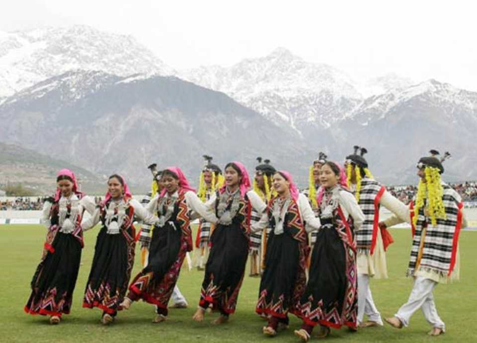 Indian folk dancers perform a routine during the lunch interval, Indians BP XI v Pakistanis, Dharamshala, March 4, 2005