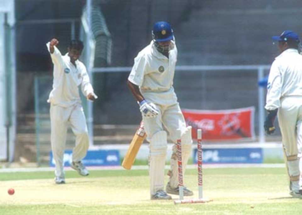 VVS Laxman castled by Bharadwaj, Karnataka v Hyderabad Ranji Trophy Semi Final (Day 5), M Chinnaswamy Stadium 11-15 Apr 2000.