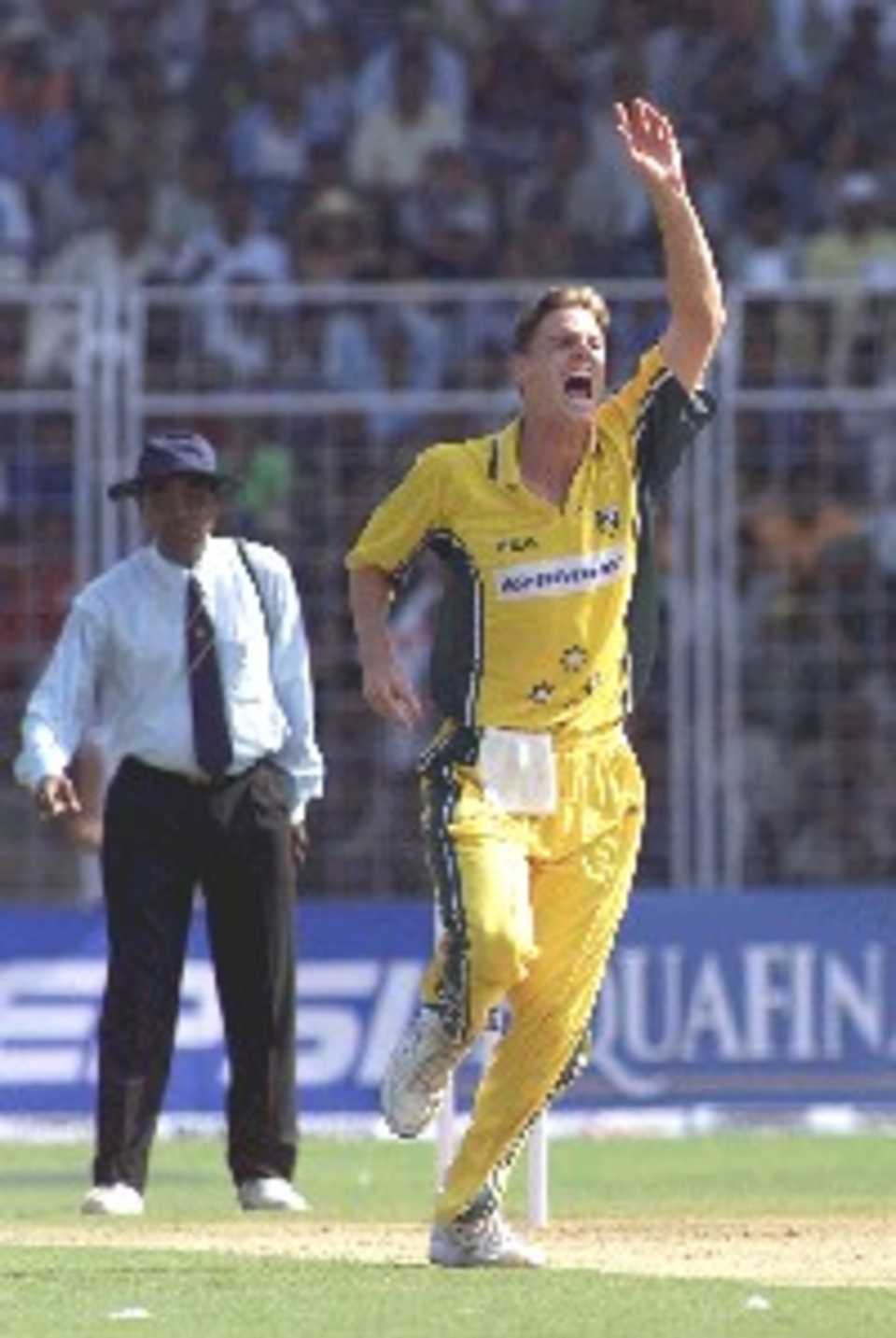 Bracken celebrates a wicket, India v Australia, 5th ODI, 2000/01