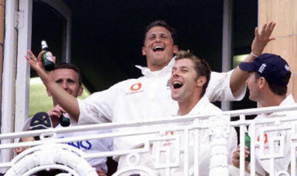Darren Gough celebrates with Cork and Trescothick, day 4, 1st Test at Lord's, 17-21 May 2001.