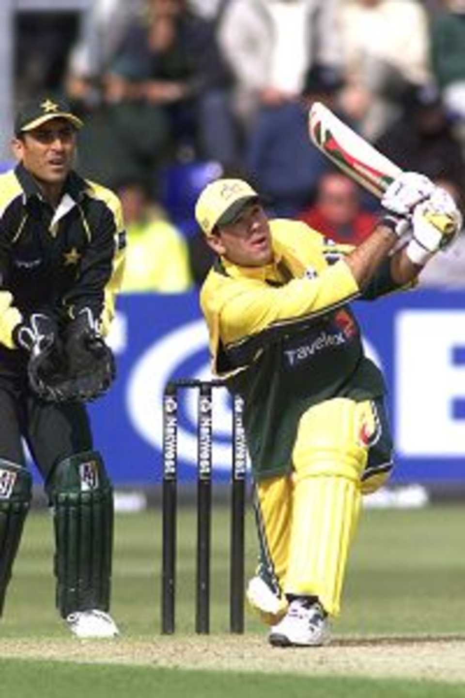 9 Jun 2001: Ricky Ponting of Australia hits out on his way to 70, with Younis Khan of Pakistan looking on, during the one day international between Pakistan and Australia, played at Glamorgan County Cricket Ground, Sofia Gardens, Cardiff, Wales.