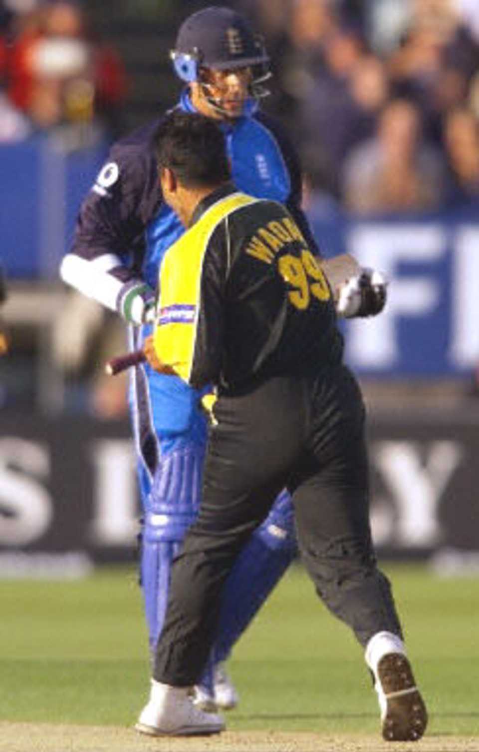 Waqar Younis gives Marcus Trescothick a send off, 1st ODI at Edgbaston, 7 June 2001.