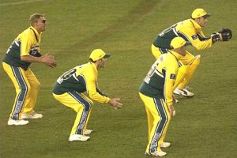 MELBOURNE - JUNE 12: The Australian slips cordon wait for a wicket during game one of the Tower Super Challenge 2 One Day International,held at the Colonial Stadium, Melbourne, Australia on the 12th June 2002.