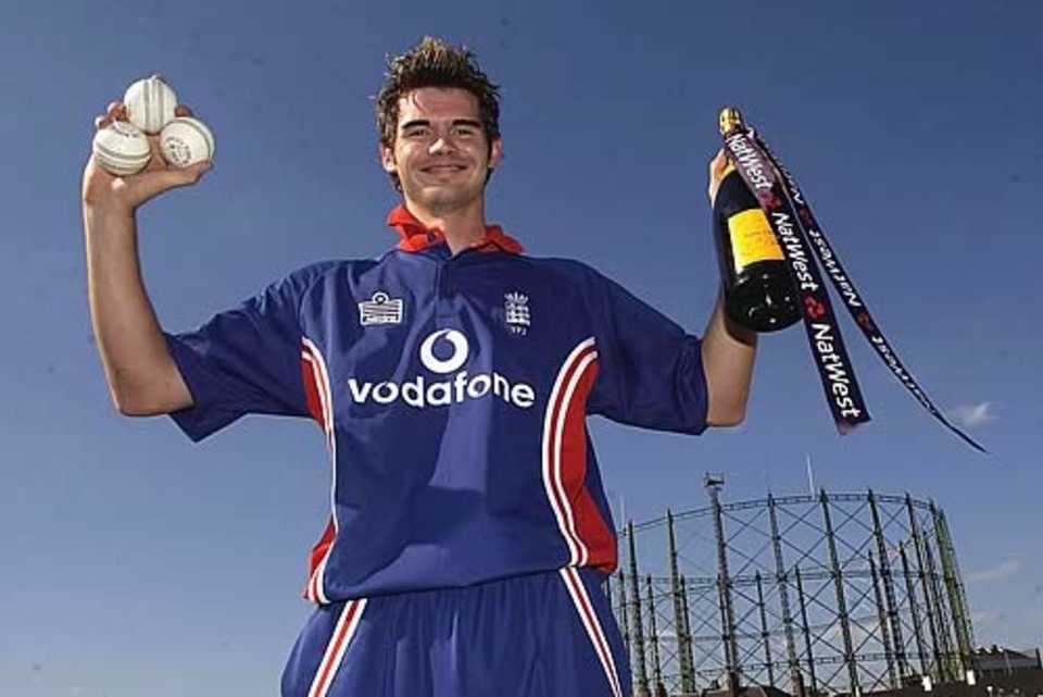 James Anderson of England poses at the end of the match after taking a hat-trick during the England v Pakistan NatWest Challenge match at the AMP Oval on June 20, 2003 in London