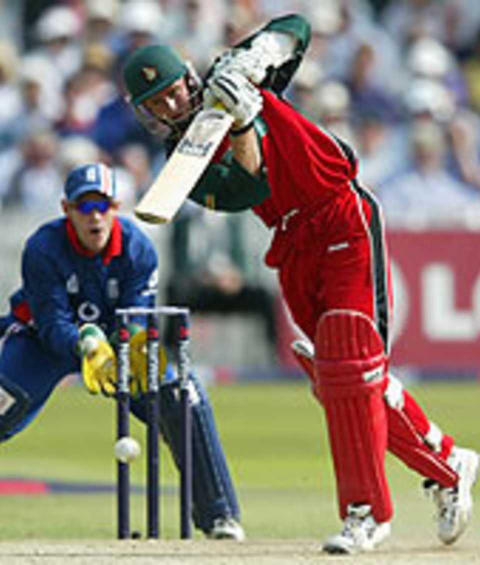 Grant Flower executes a fluent drive on his way to an unbeaten 96 in the NatWest Series match against England
