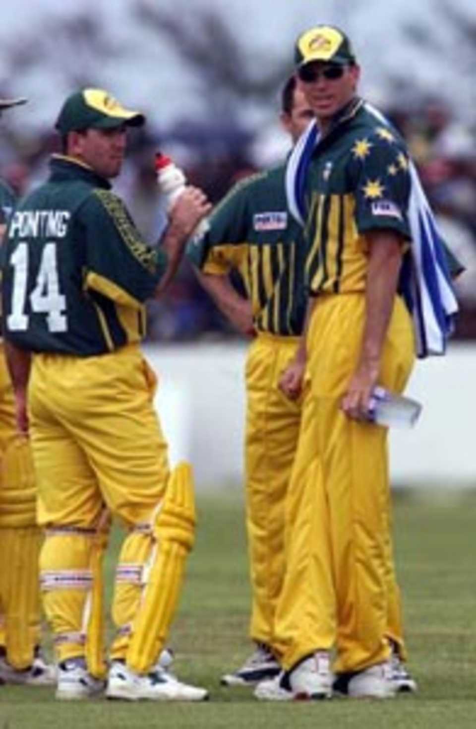 22 Aug 1999: Glenn McGrath (right) of Australia and teammates Ricky Ponting #14 and Adam Dale look on during the one day international between Sri Lanka and Australia played at Galle International Stadium, Galle, Sri Lanka.