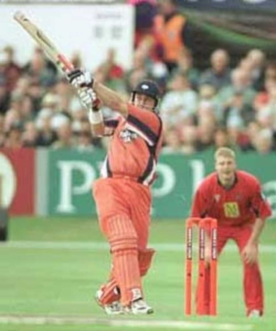 Lehmann makes room to clobber one over mid-wicket, National League Division One, 2000, Yorkshire v Lancashire, Headingley, Leeds, 9 August 2000.